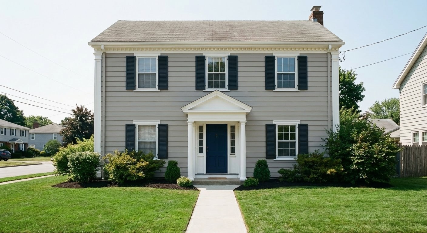 Colonial home after repainting with Agreeable Gray and Dover White trim