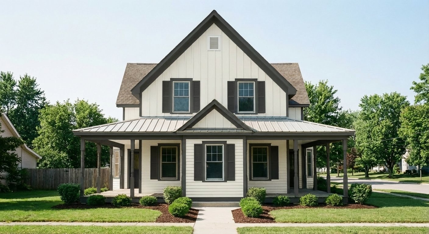 Farmhouse after repainting with Naval blue and Alabaster accents